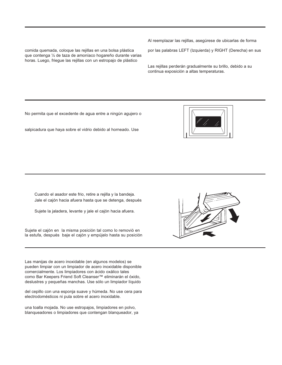 Cuid ado y limpieza, Limpieza de la placa de cocción (cont.), Limpieza de la puerta y el cajón | GE JGBS14PCFWW User Manual | Page 44 / 48