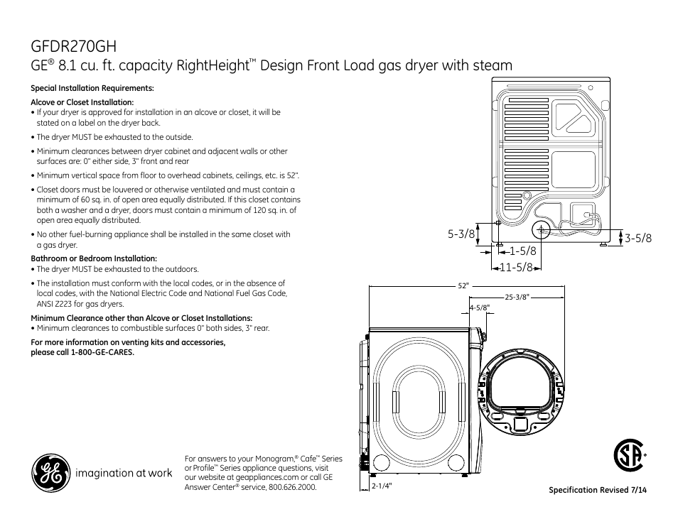 Gfdr270gh, 1 cu. ft. capacity rightheight, Design front load gas dryer with steam | GE GFDR270GHWW User Manual | Page 2 / 4