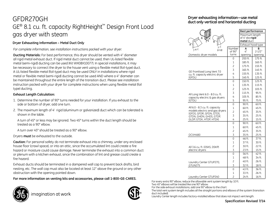 Gfdr270gh, 1 cu. ft. capacity rightheight, Design front load gas dryer with steam | GE GFDR270GHWW User Manual | Page 3 / 4