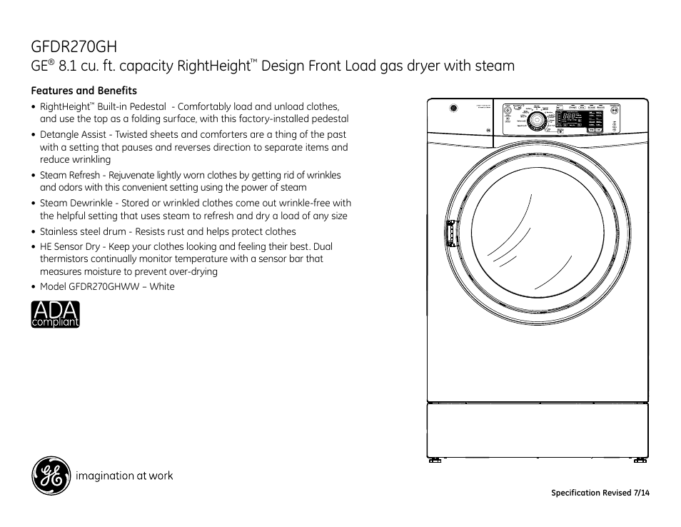 Gfdr270gh, 1 cu. ft. capacity rightheight, Design front load gas dryer with steam | GE GFDR270GHWW User Manual | Page 4 / 4