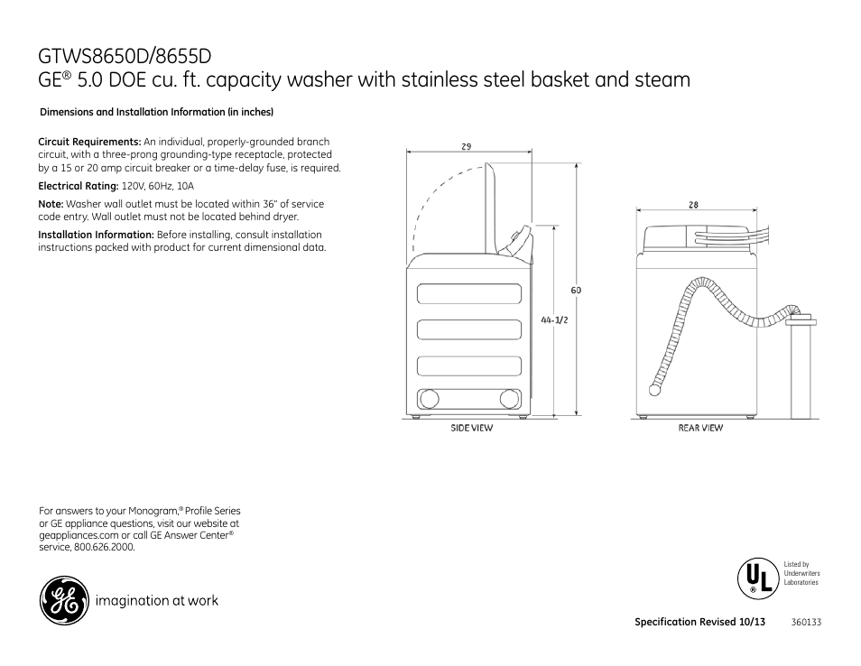 GE GTWS8650DWS User Manual | 2 pages
