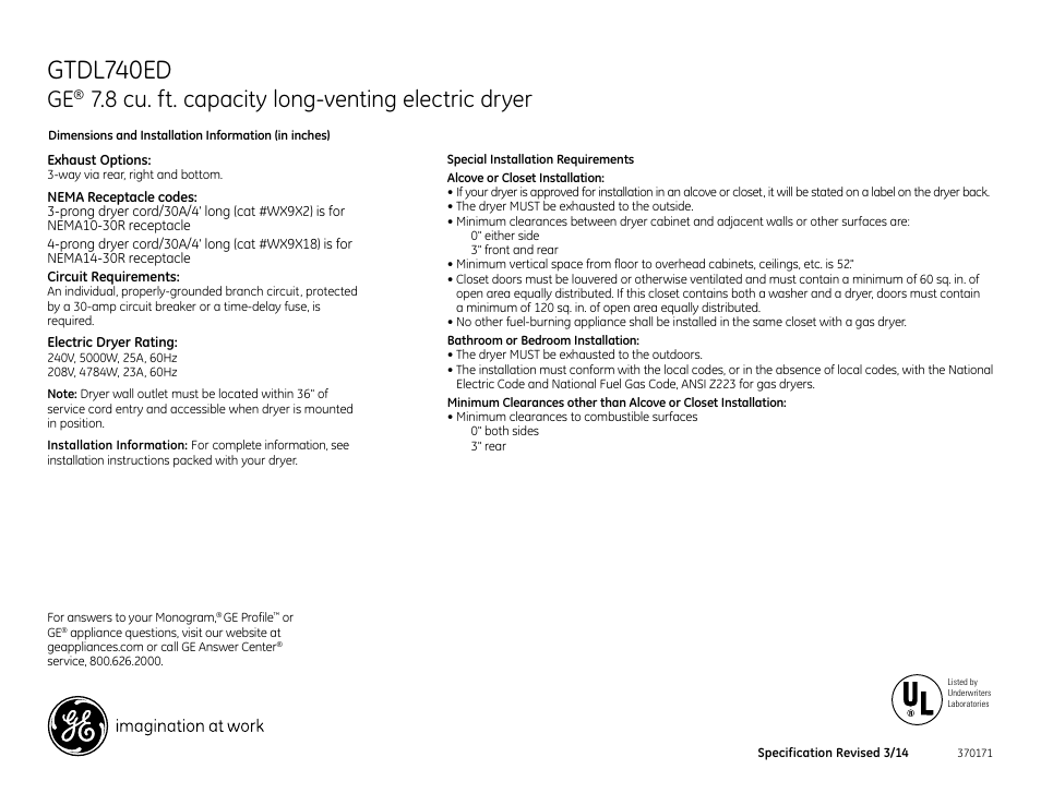 GE GTDL740EDWW User Manual | 4 pages