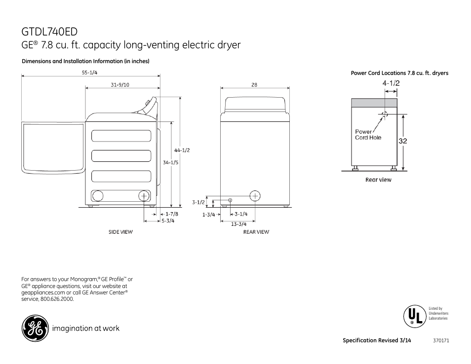 Gtdl740ed, 8 cu. ft. capacity long-venting electric dryer | GE GTDL740EDWW User Manual | Page 2 / 4