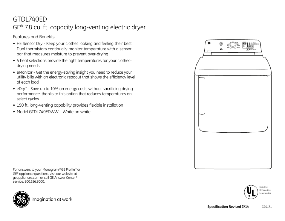 Gtdl740ed, 8 cu. ft. capacity long-venting electric dryer | GE GTDL740EDWW User Manual | Page 4 / 4