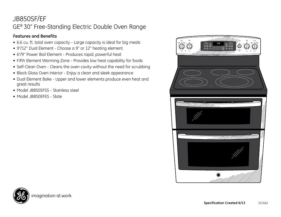 Jb850sf/ef, 30" free-standing electric double oven range | GE JB850EFES User Manual | Page 2 / 2