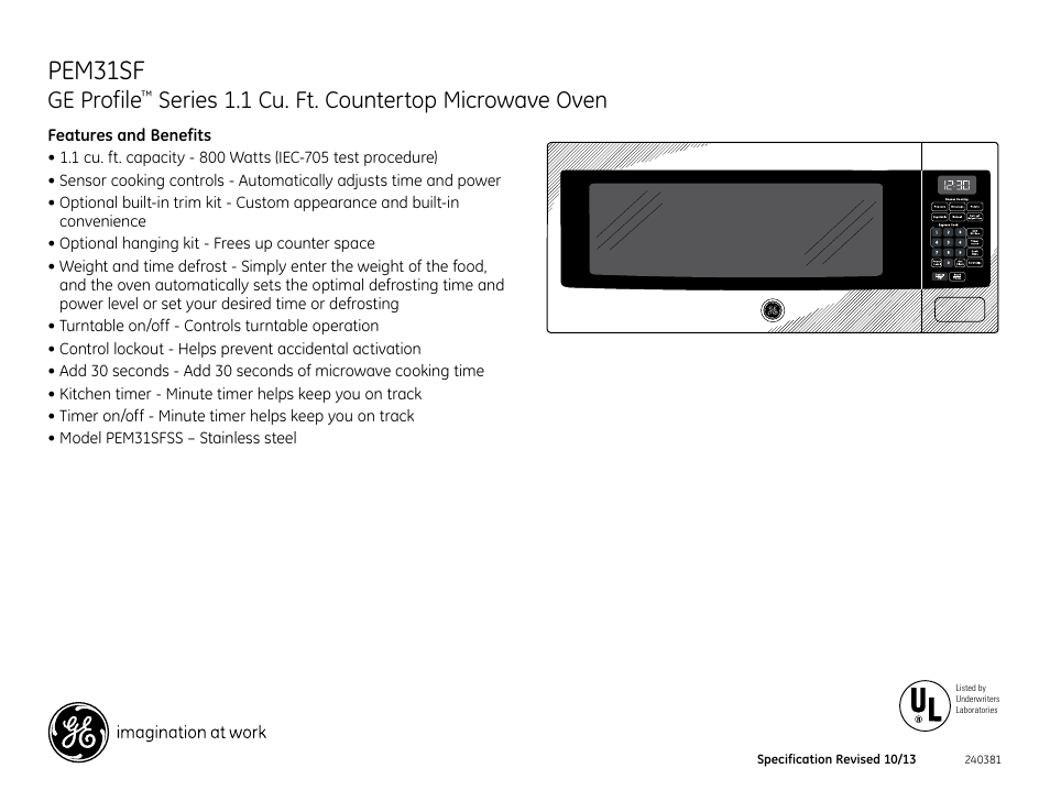 Pem31sf, Ge profile, Series 1.1 cu. ft. countertop microwave oven | GE PEM31SFSS User Manual | Page 2 / 2