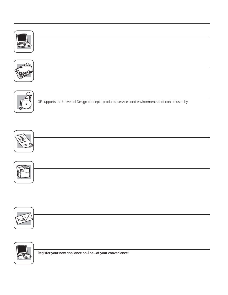 Register your appliance, Consumer support. ge appliances website, Schedule service | Real life design studio, Extended warranties, Parts and accessories, Contact us | GE CT918STSS User Manual | Page 34 / 68