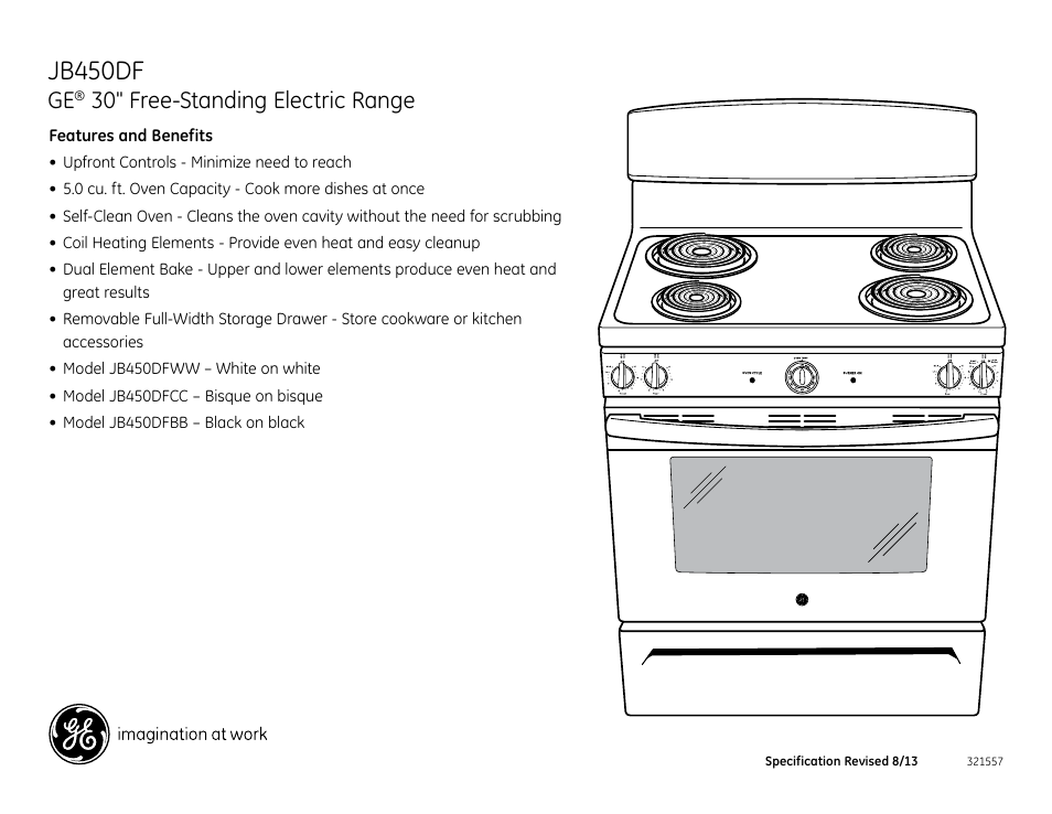 Jb450df, 30" free-standing electric range | GE JB450DFWW User Manual | Page 2 / 2