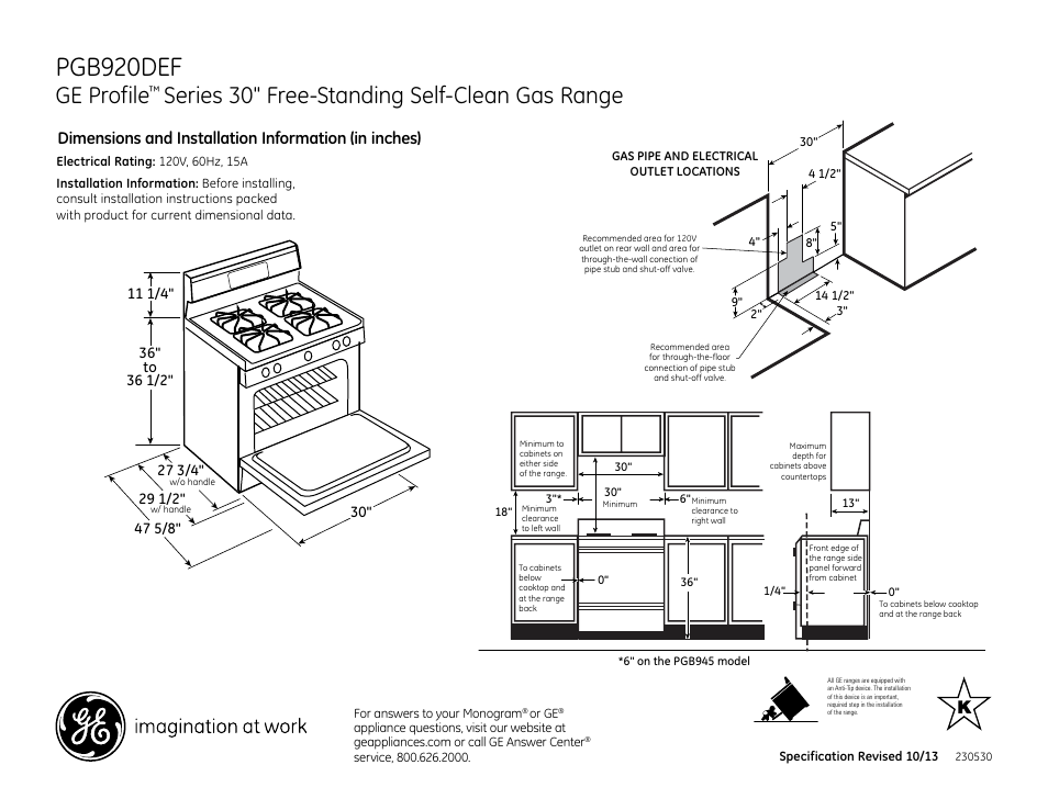 GE PGB920DEFBB User Manual | 2 pages