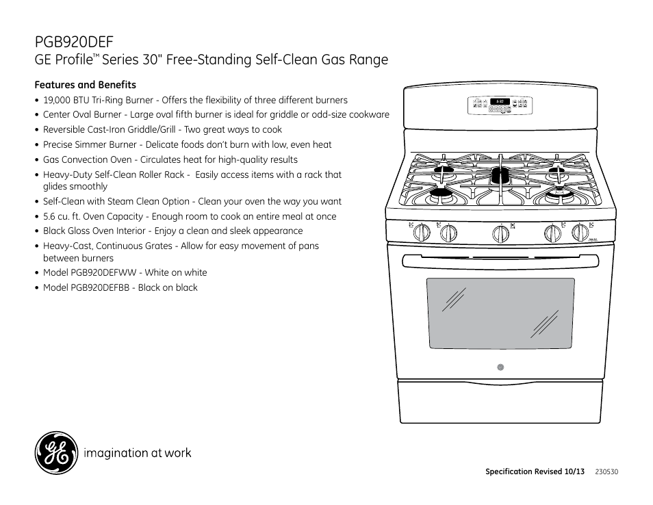 Pgb920def, Ge profile, Series 30" free-standing self-clean gas range | GE PGB920DEFBB User Manual | Page 2 / 2