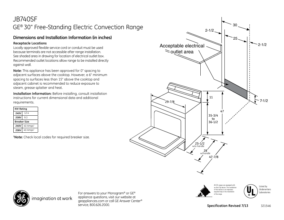 GE JB740SFSS User Manual | 2 pages