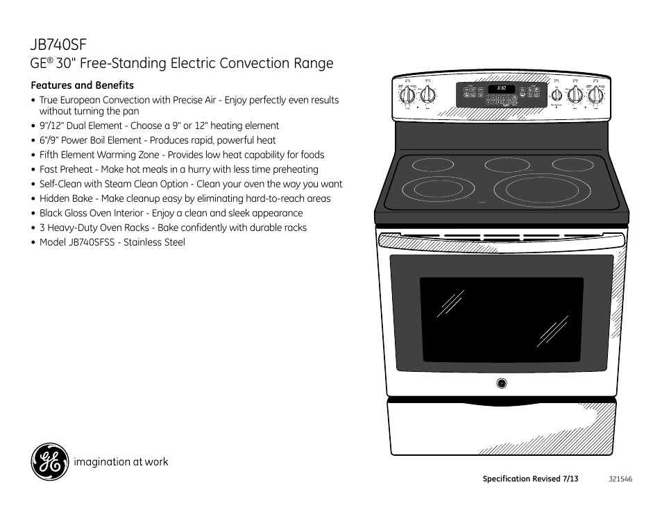Jb740sf, 30" free-standing electric convection range | GE JB740SFSS User Manual | Page 2 / 2