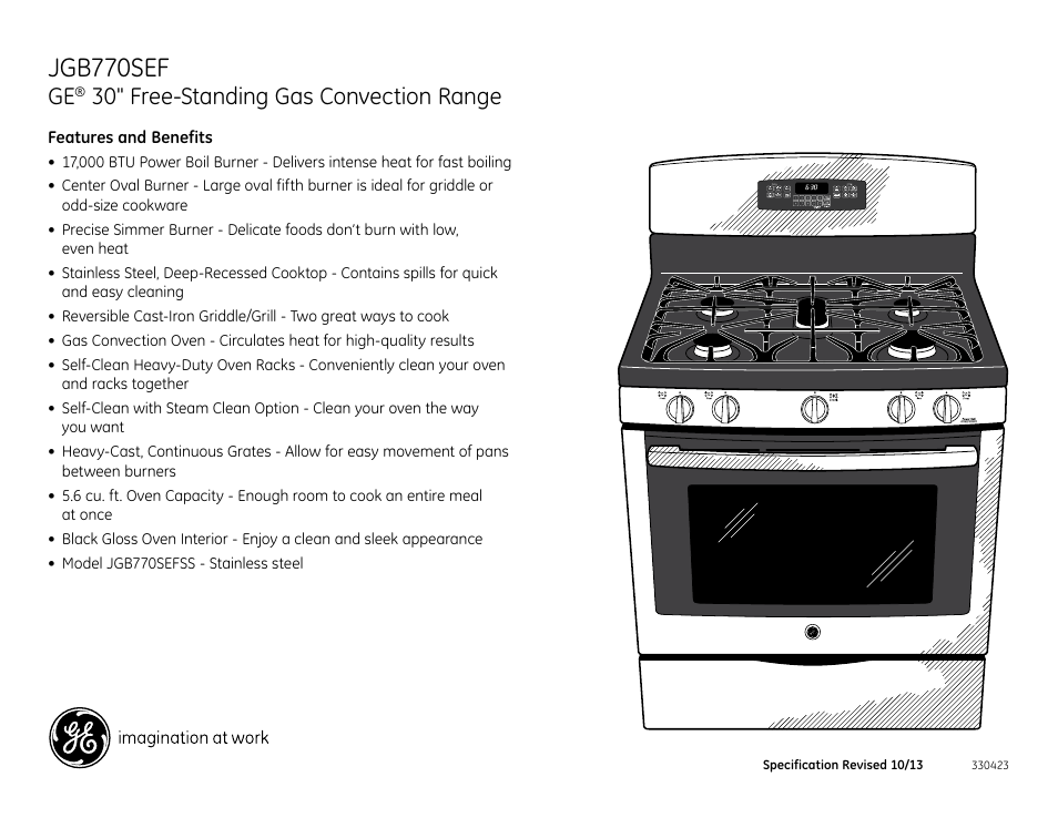 Jgb770sef, 30" free-standing gas convection range | GE JGB770SEFSS User Manual | Page 2 / 2
