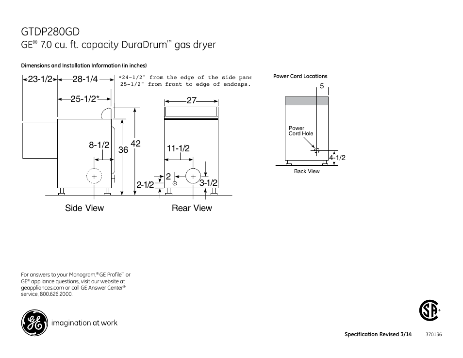 Gtdp280gd, 0 cu. ft. capacity duradrum, Gas dryer | GE GTDP280GDWW User Manual | Page 2 / 4