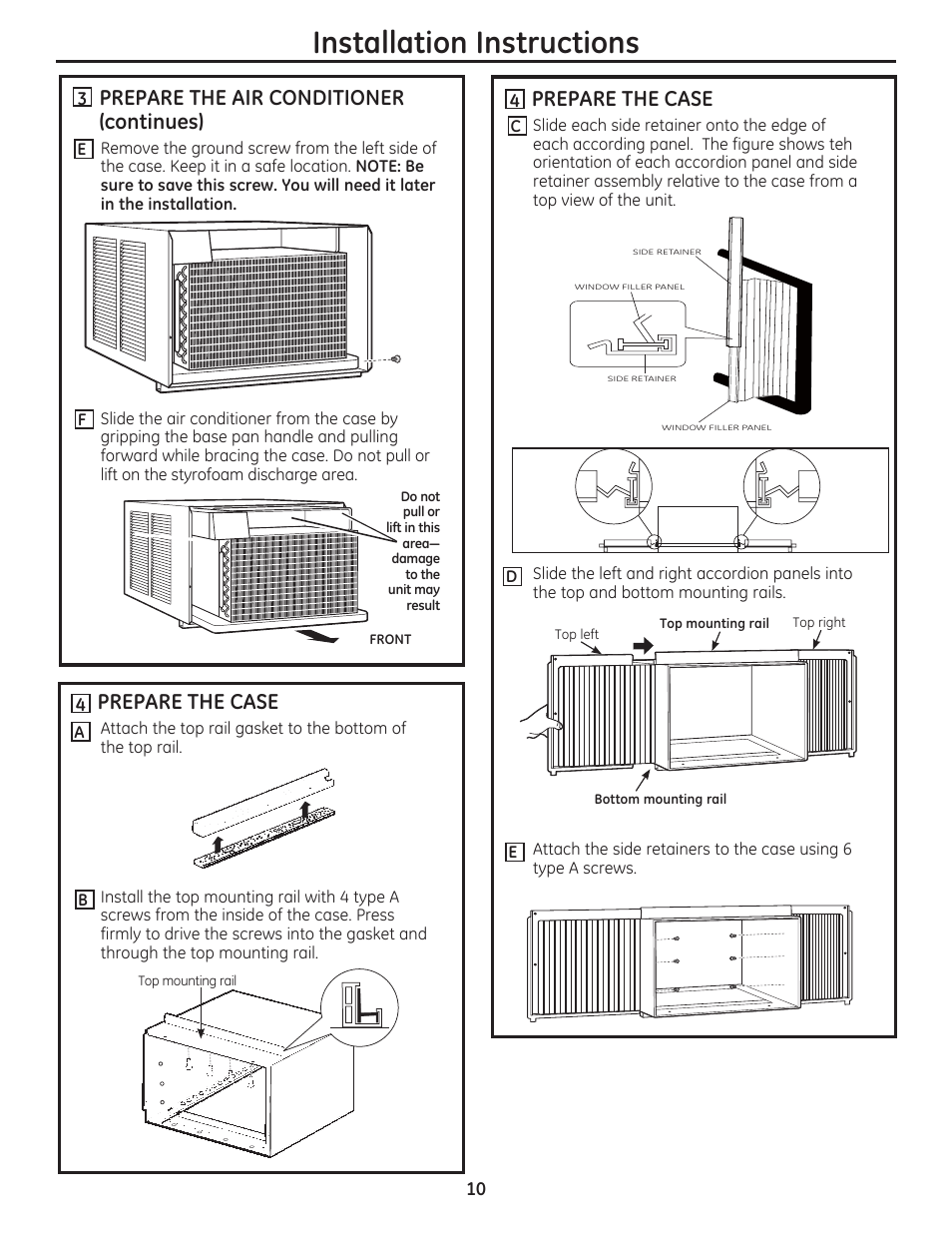 Installation instructions, Prepare the air conditioner (continues), Prepare the case | GE AEM18DP User Manual | Page 10 / 52