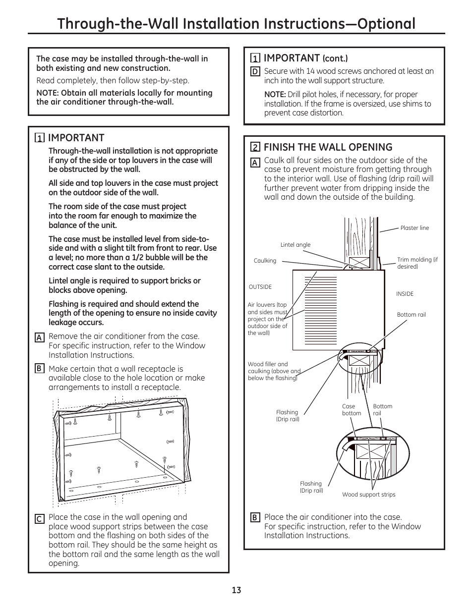 Important, Finish the wall opening | GE AEM18DP User Manual | Page 13 / 52