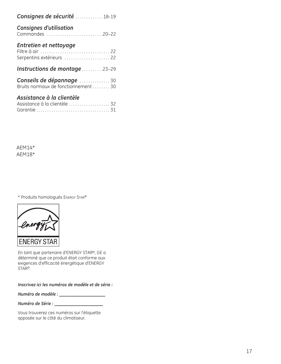 Consignes de sécurité, Consignes d’utilisation, Entretien et nettoyage | Instructions de montage, Conseils de dépannage, Assistance à la clientèle | GE AEM18DP User Manual | Page 17 / 52