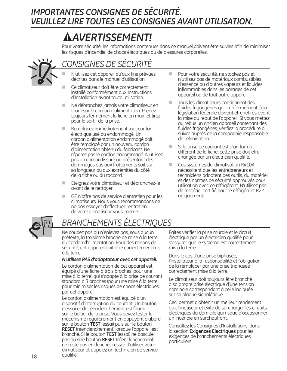 Avertissement, Consignes de sécurité, Branchements électriques | GE AEM18DP User Manual | Page 18 / 52