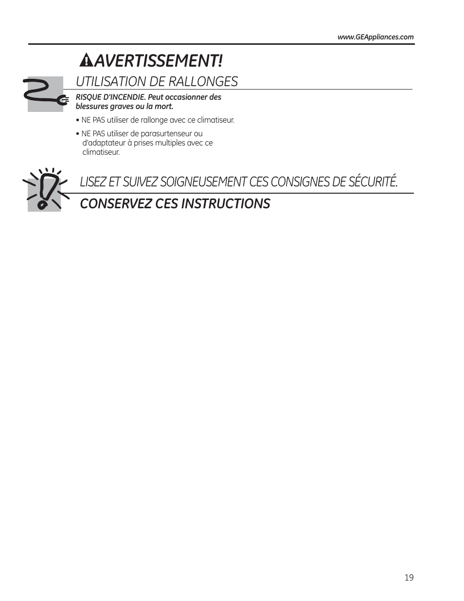 Avertissement | GE AEM18DP User Manual | Page 19 / 52