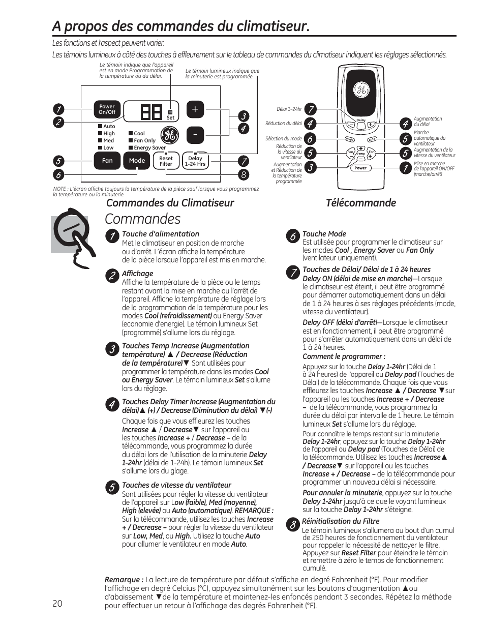A propos des commandes du climatiseur. commandes, Commandes du climatiseur télécommande | GE AEM18DP User Manual | Page 20 / 52