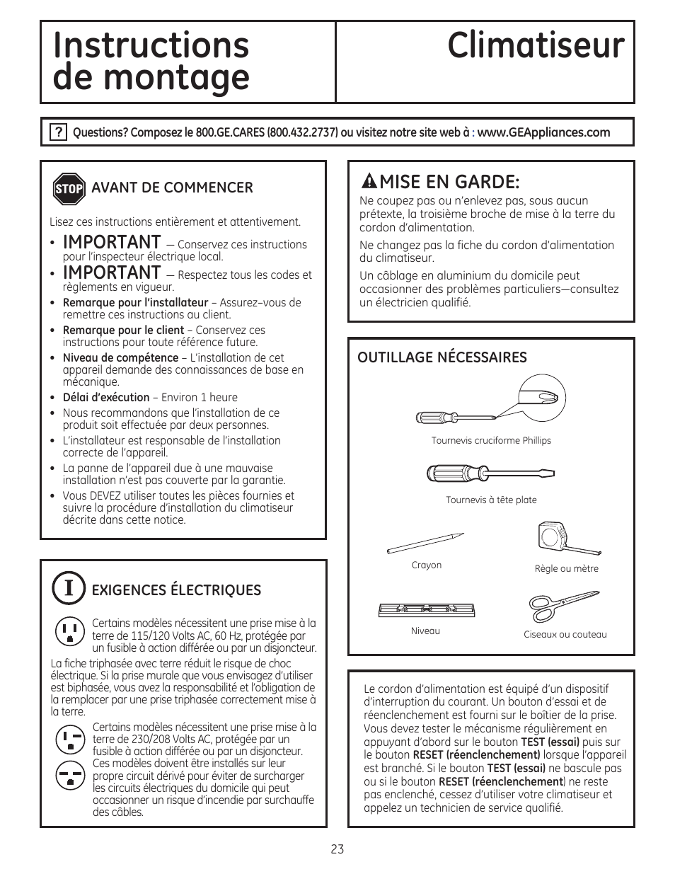 Instructions climatiseur, De montage, Important | Mise en garde | GE AEM18DP User Manual | Page 23 / 52