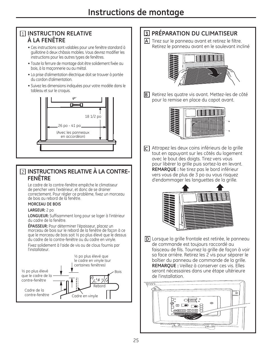 Instructions de montage, Instruction relative à la fenêtre, Instructions relative à la contre- fenêtre | Préparation du climatiseur | GE AEM18DP User Manual | Page 25 / 52