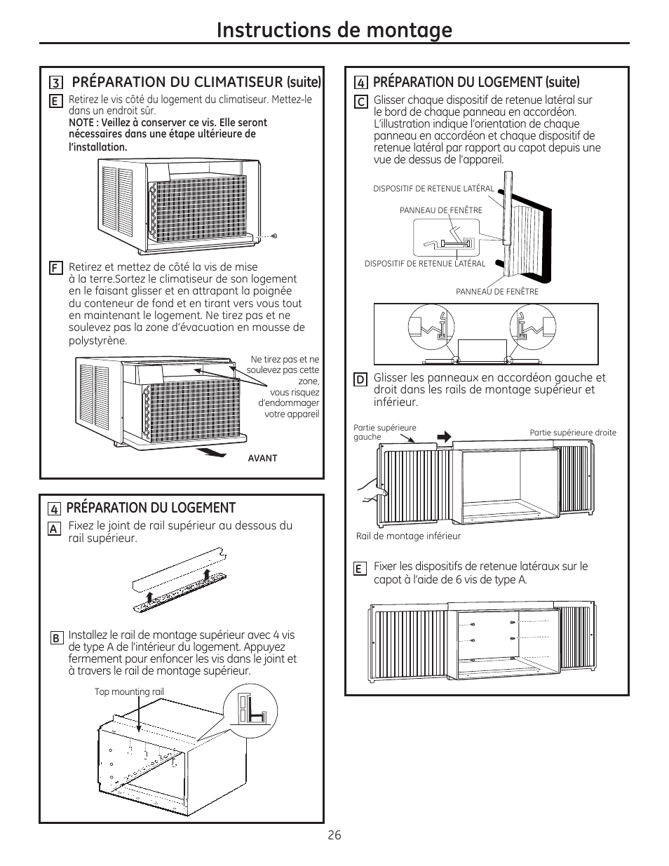 Instructions de montage, Préparation du climatiseur (suite), Préparation du logement (suite) | Préparation du logement | GE AEM18DP User Manual | Page 26 / 52