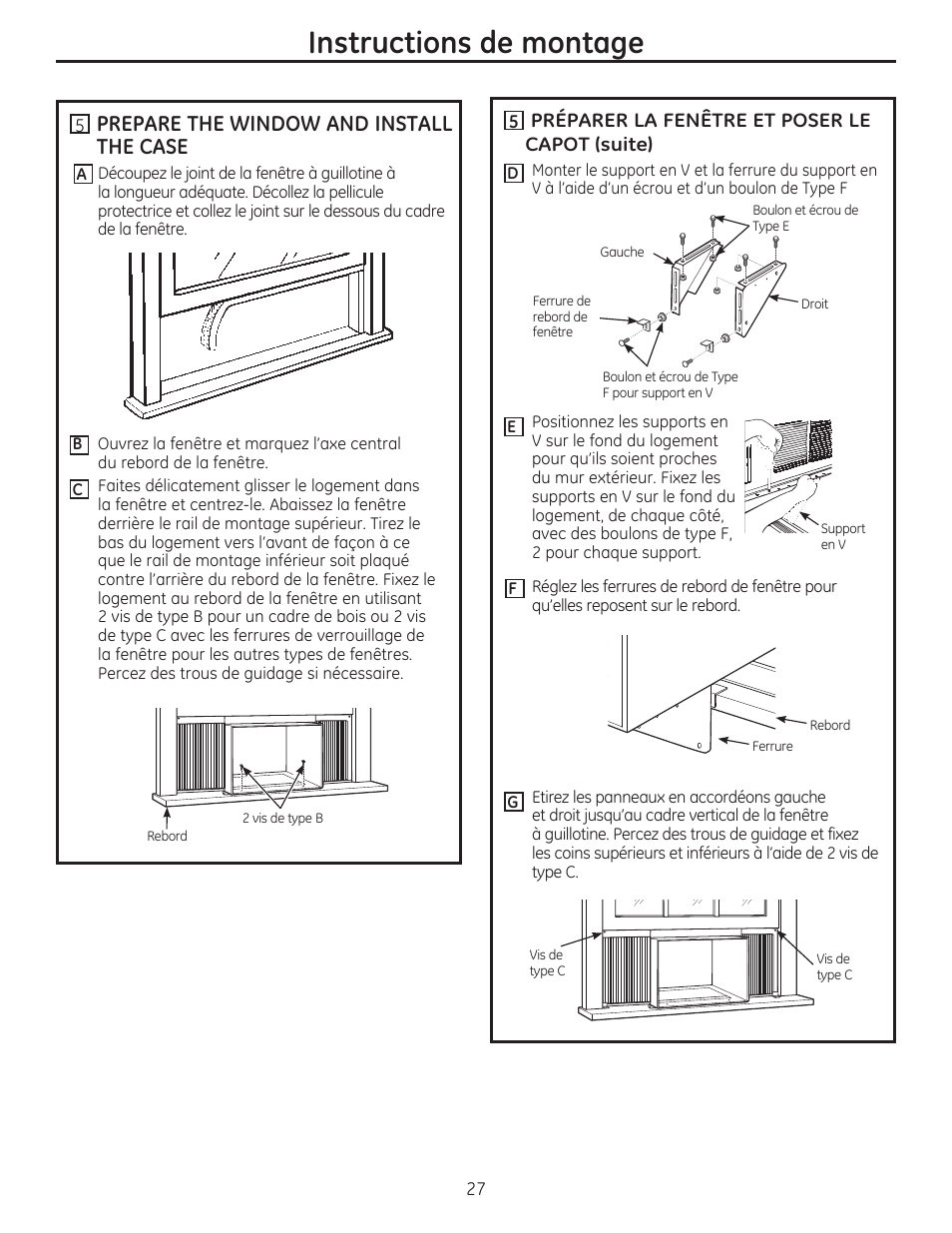 Instructions de montage, Prepare the window and install the case | GE AEM18DP User Manual | Page 27 / 52