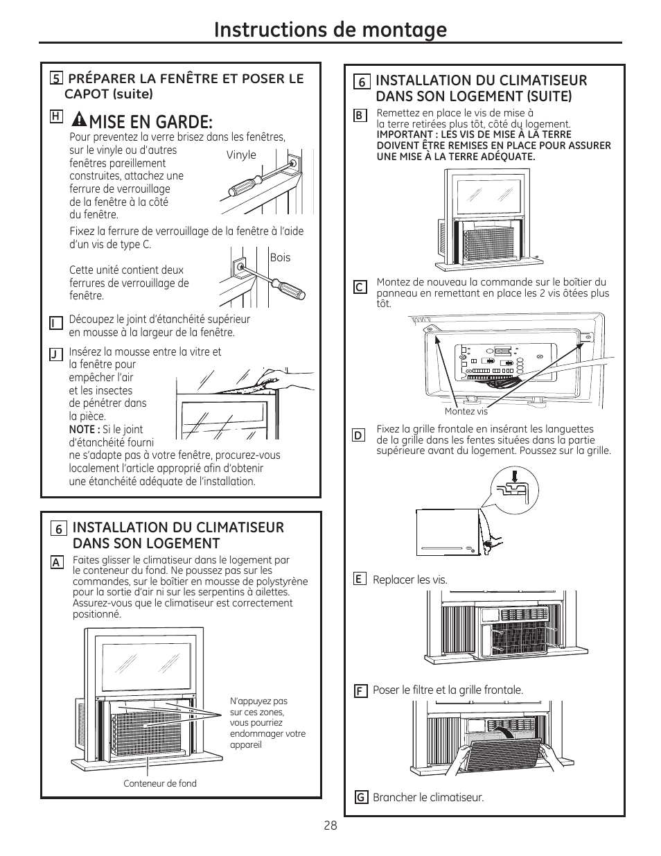 Instructions de montage, Mise en garde, Installation du climatiseur dans son logement | GE AEM18DP User Manual | Page 28 / 52