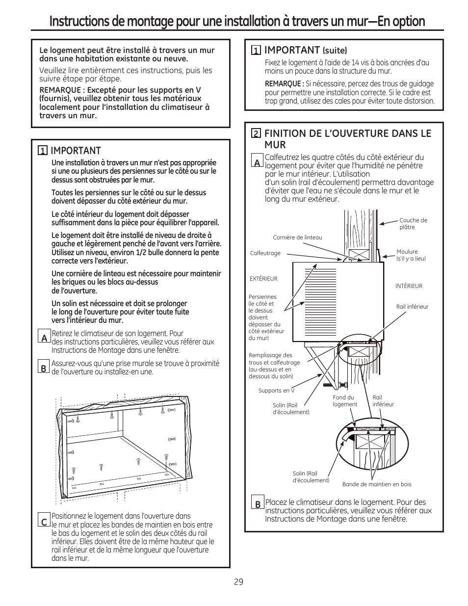 Important, Finition de l’ouverture dans le mur, Ab a b c | GE AEM18DP User Manual | Page 29 / 52