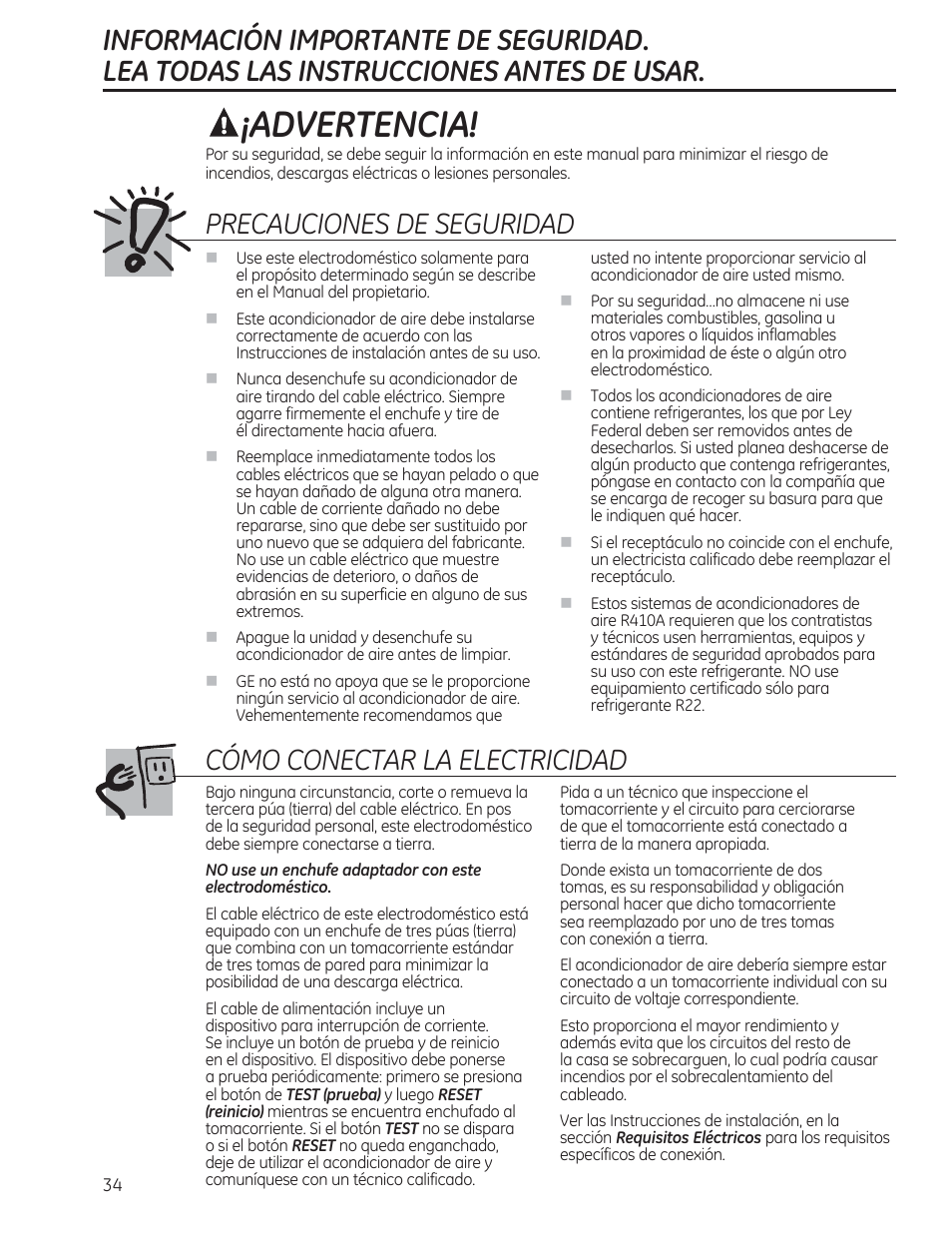 Advertencia, Precauciones de seguridad, Cómo conectar la electricidad | GE AEM18DP User Manual | Page 34 / 52