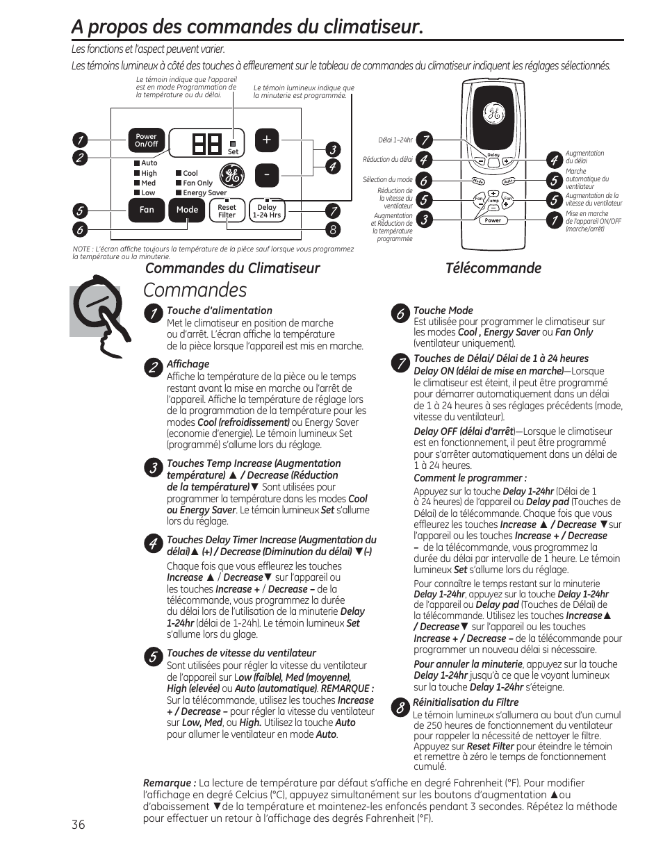 A propos des commandes du climatiseur. commandes, Commandes du climatiseur télécommande | GE AEM18DP User Manual | Page 36 / 52