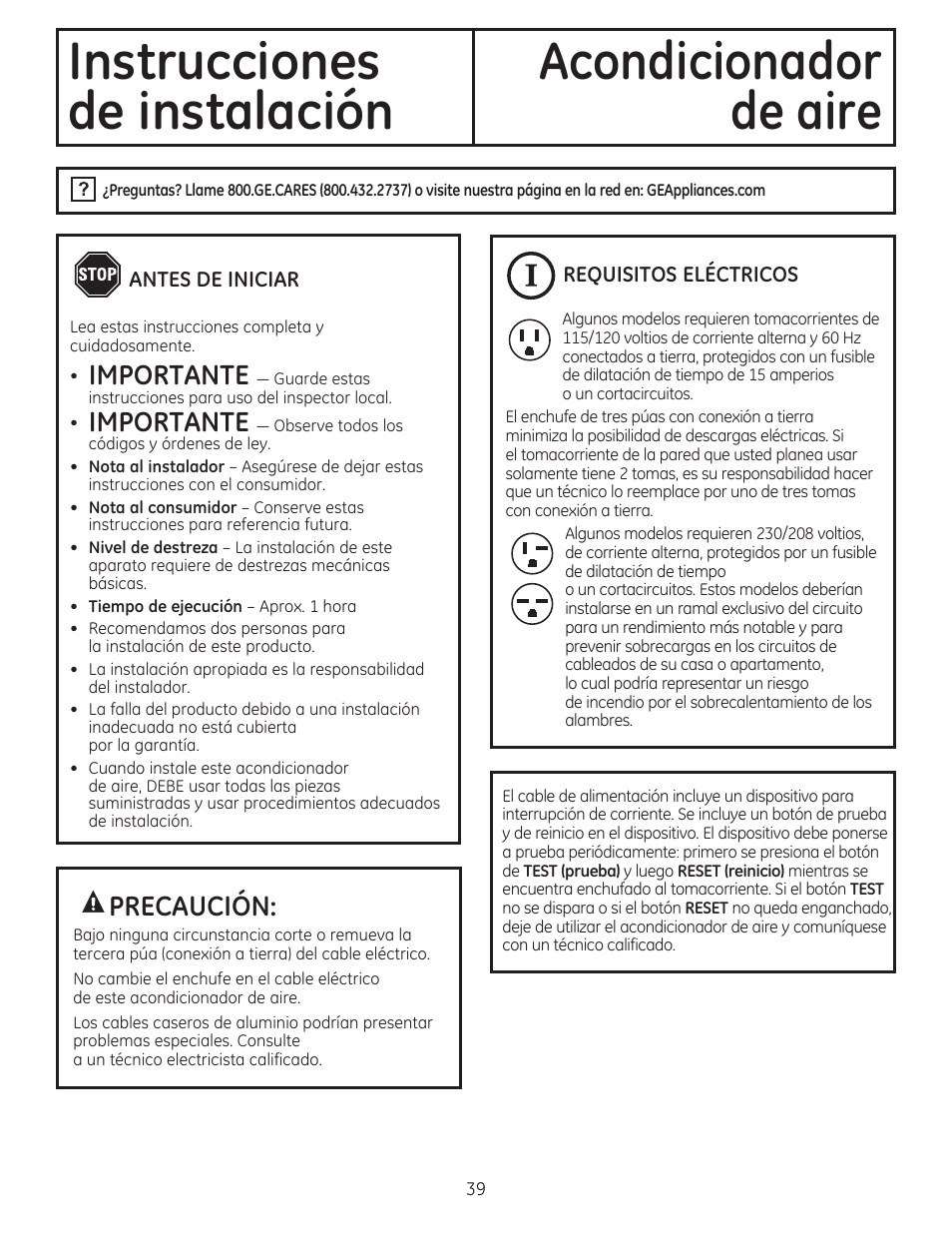 Instrucciones acondicionador, De instalación, De aire | Precaución, Importante | GE AEM18DP User Manual | Page 39 / 52
