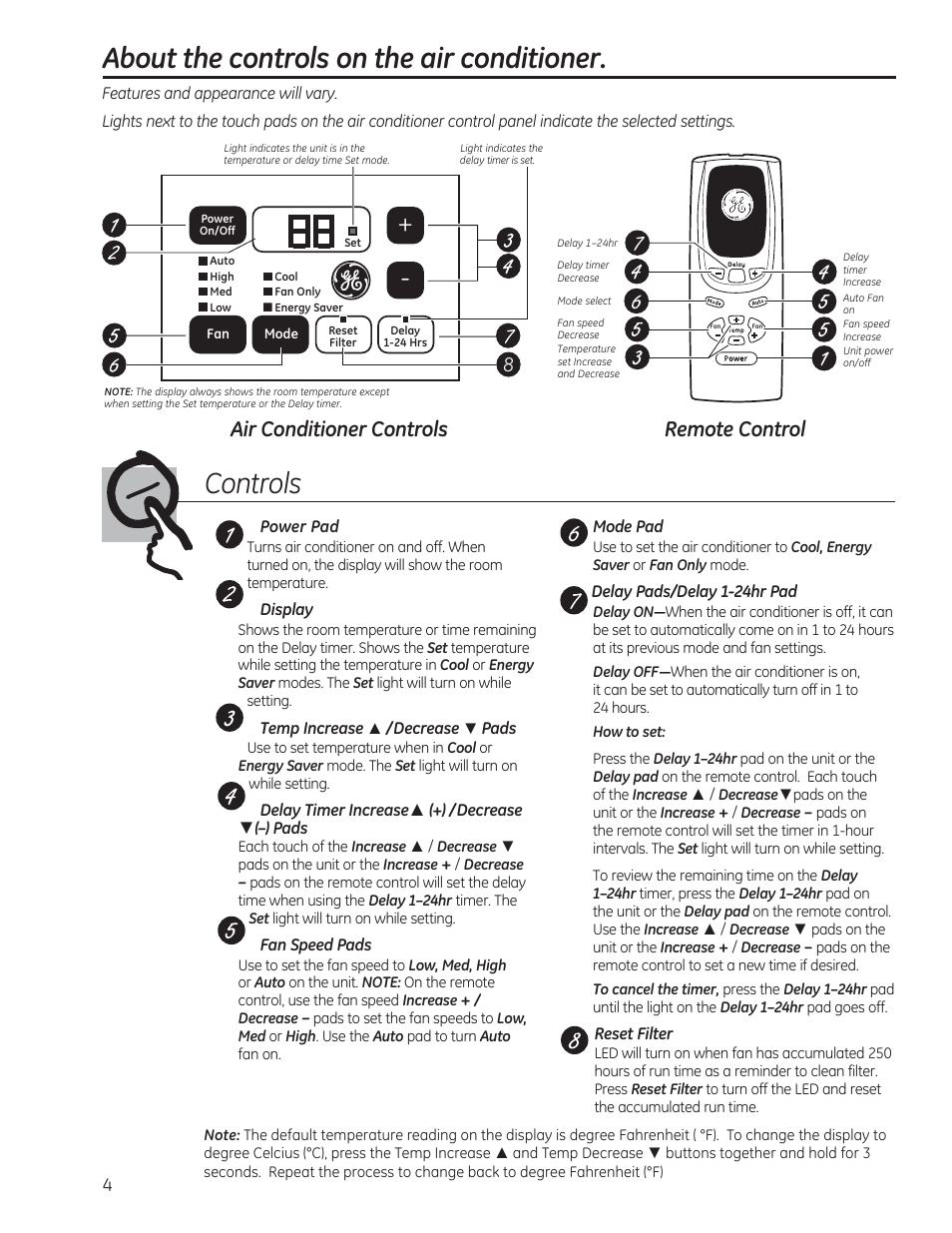 About the controls on the air conditioner, Controls, Air conditioner controls | Remote control | GE AEM18DP User Manual | Page 4 / 52