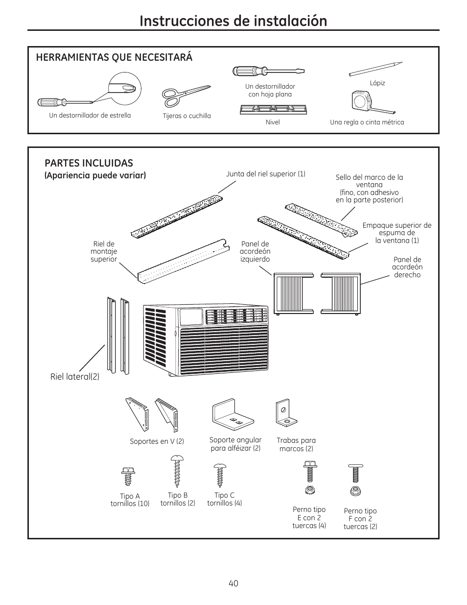 Instrucciones de instalación, Herramientas que necesitará, Partes incluidas | GE AEM18DP User Manual | Page 40 / 52