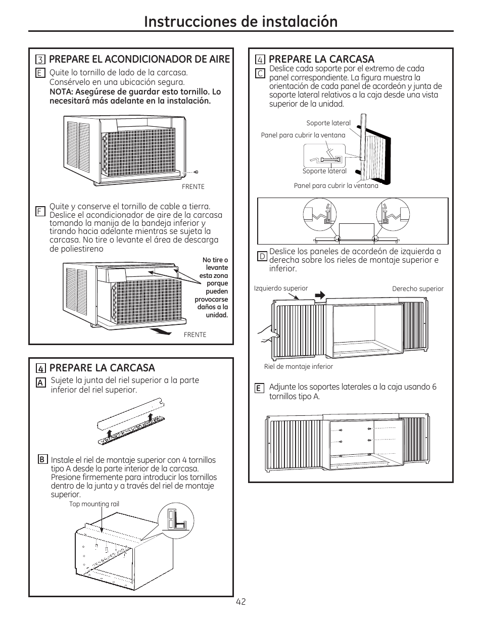 Instrucciones de instalación, Prepare la carcasa, Prepare el acondicionador de aire | GE AEM18DP User Manual | Page 42 / 52