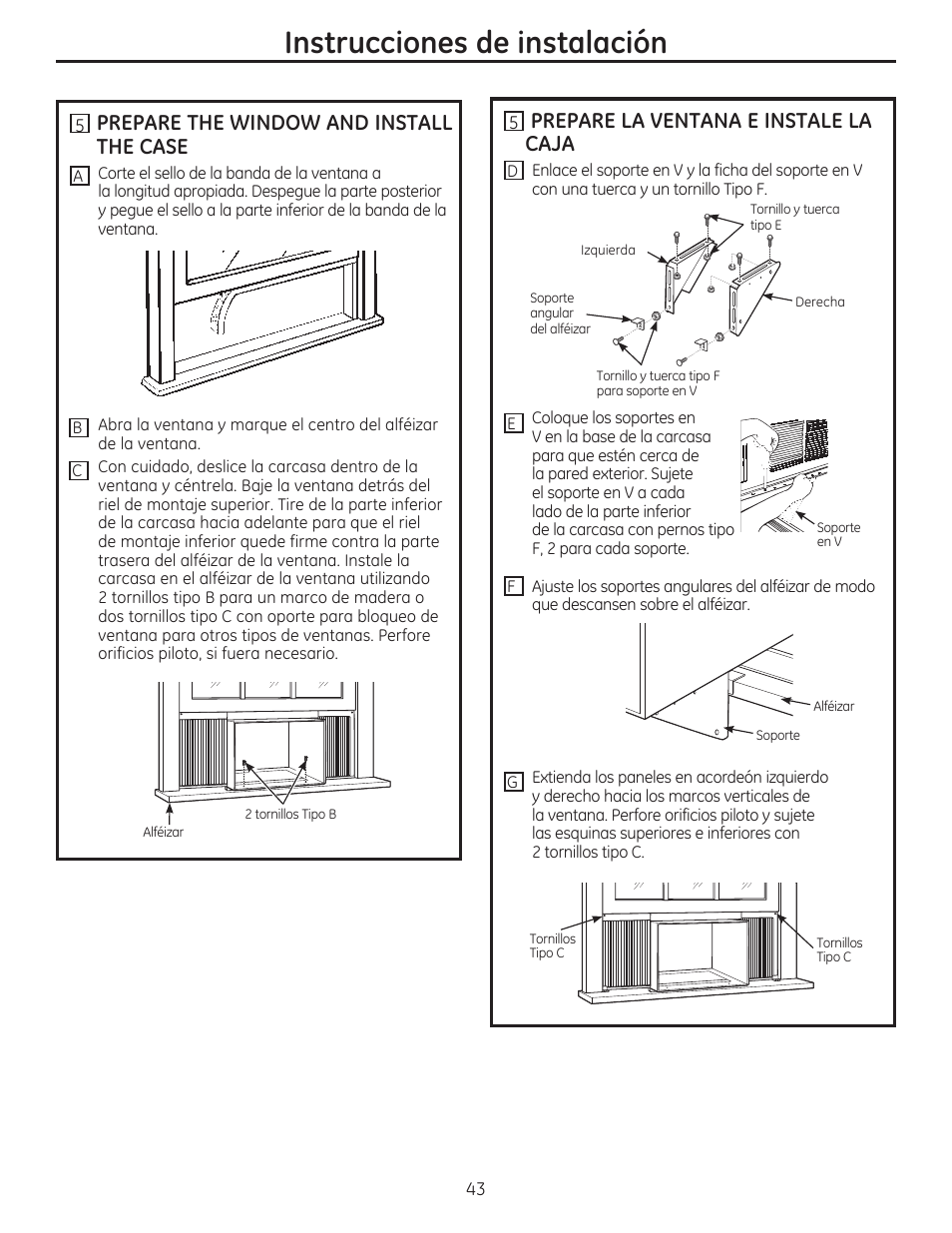 Instrucciones de instalación, Prepare the window and install the case, Prepare la ventana e instale la caja | GE AEM18DP User Manual | Page 43 / 52