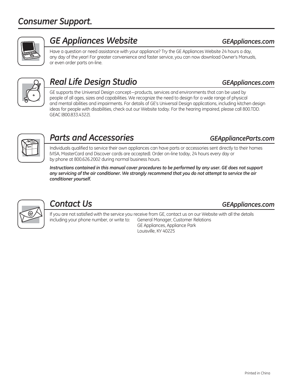 Consumer support. ge appliances website, Real life design studio, Parts and accessories | Contact us | GE AEM18DP User Manual | Page 52 / 52