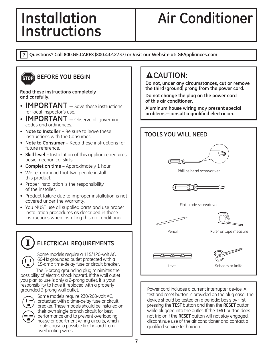 Installation air conditioner, Instructions, Important | Caution | GE AEM18DP User Manual | Page 7 / 52
