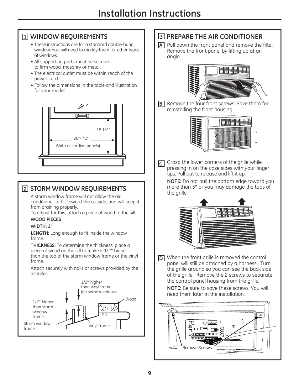 Installation instructions, Storm window requirements, Window requirements | Prepare the air conditioner | GE AEM18DP User Manual | Page 9 / 52