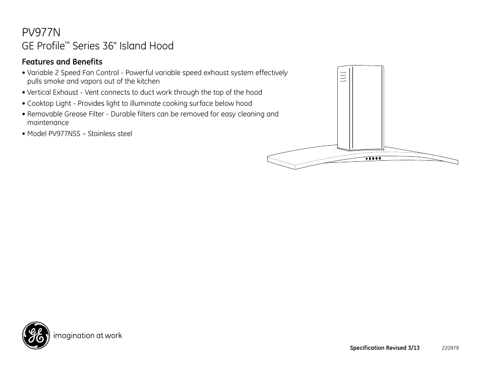 Pv977n, Ge profile, Series 36" island hood | GE PV977NSS User Manual | Page 2 / 2