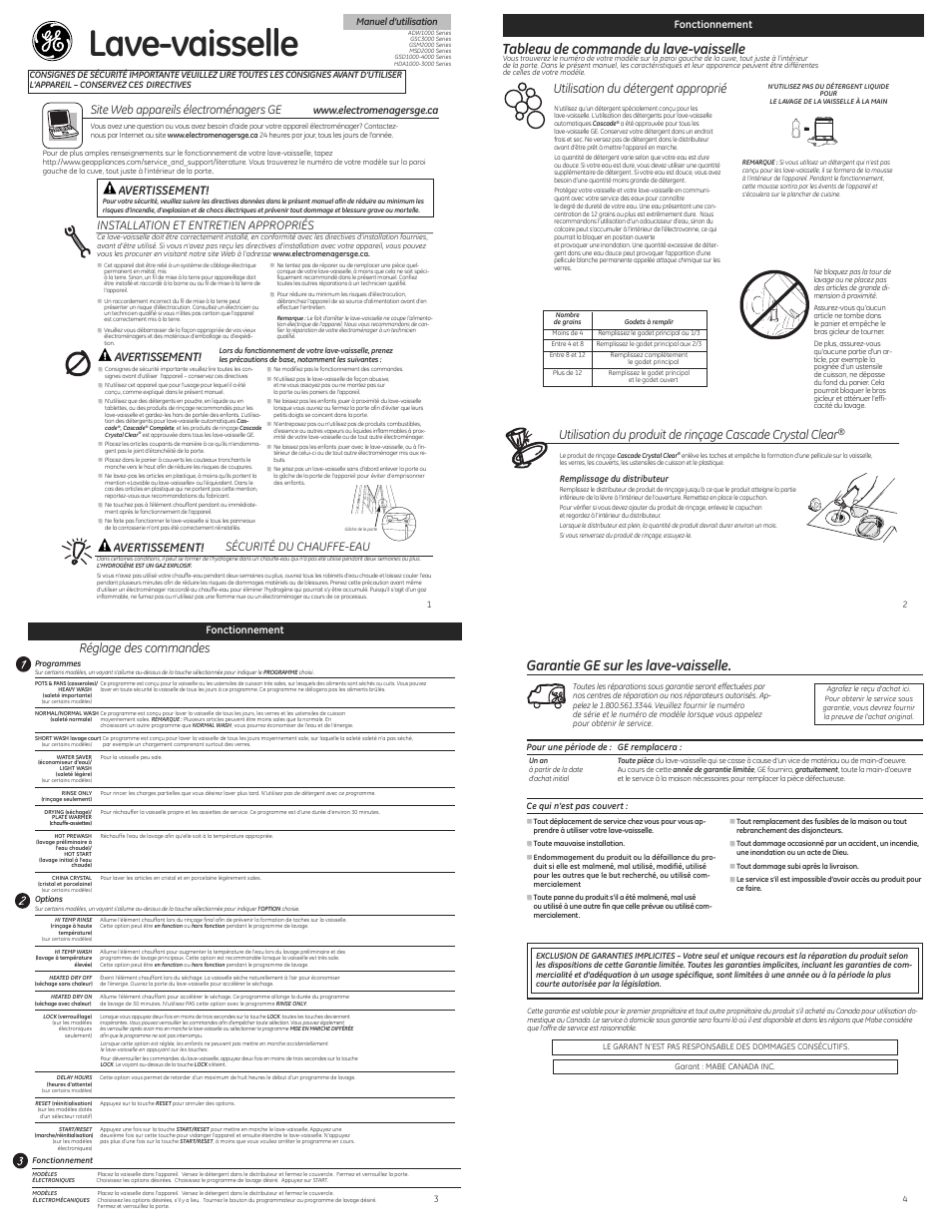 Lave-vaisselle, Tableau de commande du lave-vaisselle, Garantie ge sur les lave-vaisselle | Utilisation du détergent approprié, Réglage des commandes, Avertissement, Site web appareils électroménagers ge | GE GSD3360DSS User Manual | Page 2 / 2