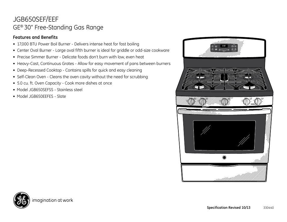 Jgb650sef/eef, 30" free-standing gas range | GE JGB650SEFSS User Manual | Page 2 / 2