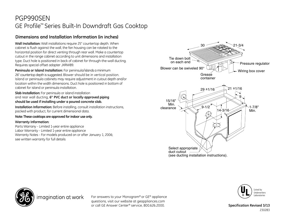 GE PGP990SENSS User Manual | 3 pages