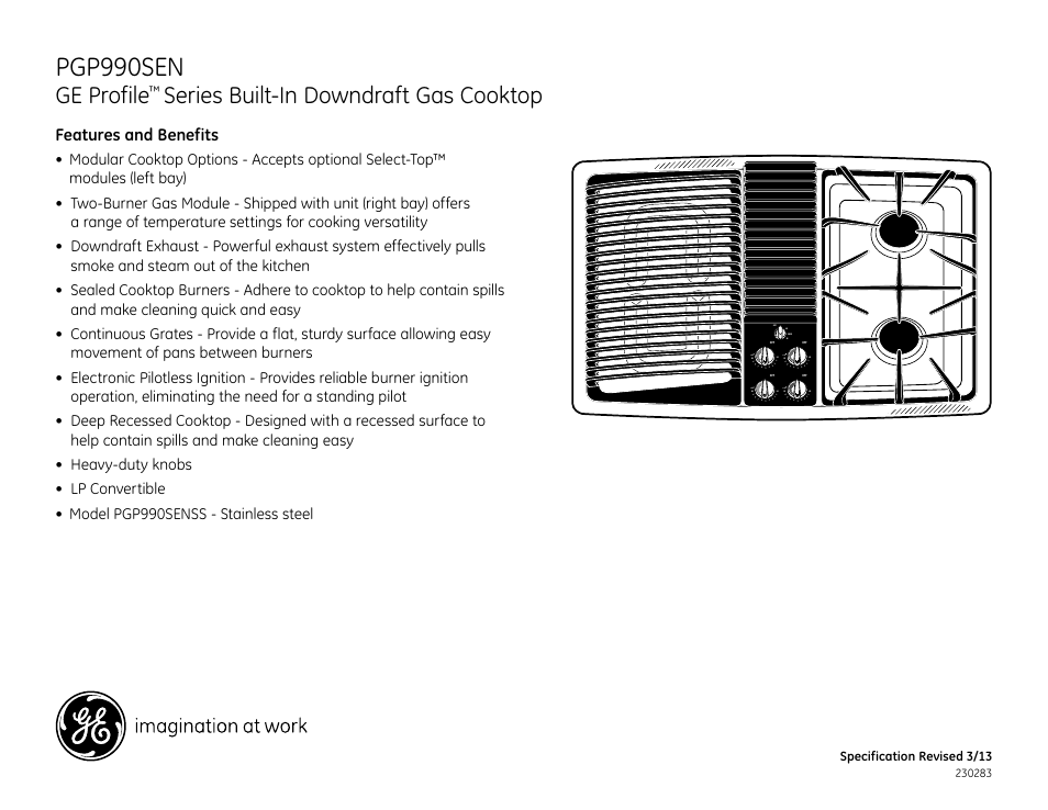 Pgp990sen, Ge profile, Series built-in downdraft gas cooktop | GE PGP990SENSS User Manual | Page 3 / 3