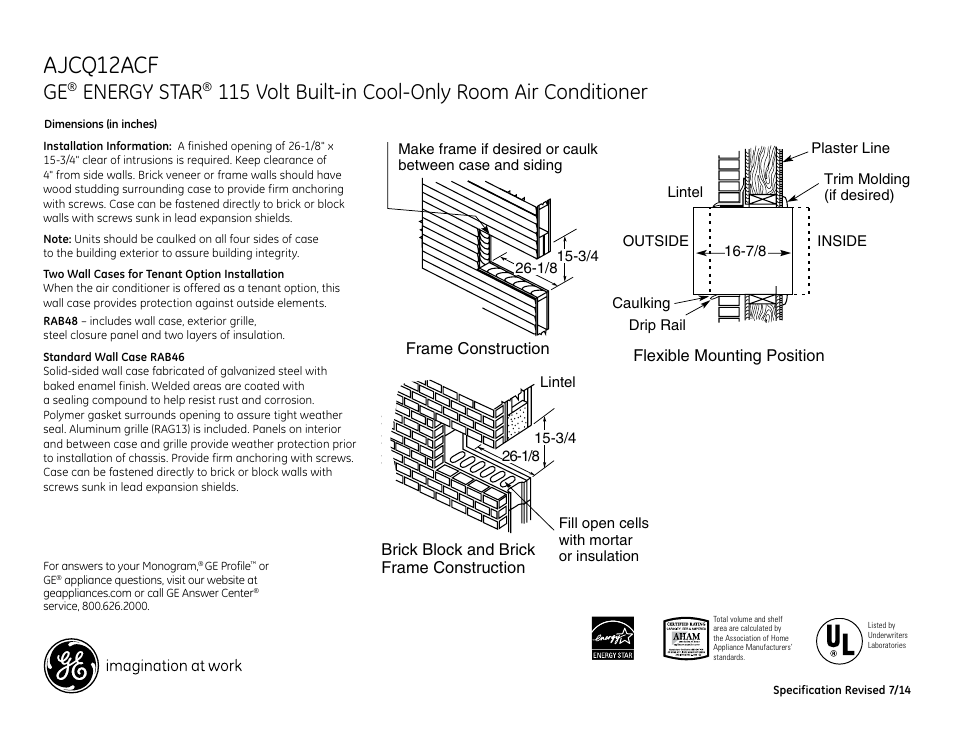 Ajcq12acf, Energy star, 115 volt built-in cool-only room air conditioner | GE AJCQ12ACF User Manual | Page 2 / 3