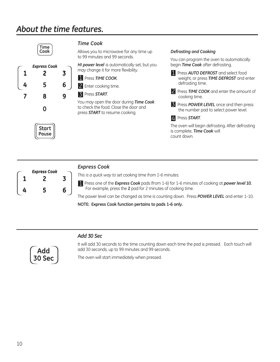 About the time features, Add 30 sec | GE JES1656SRSS User Manual | Page 10 / 40