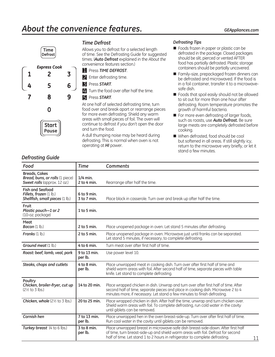 About the convenience features, Start | GE JES1656SRSS User Manual | Page 11 / 40