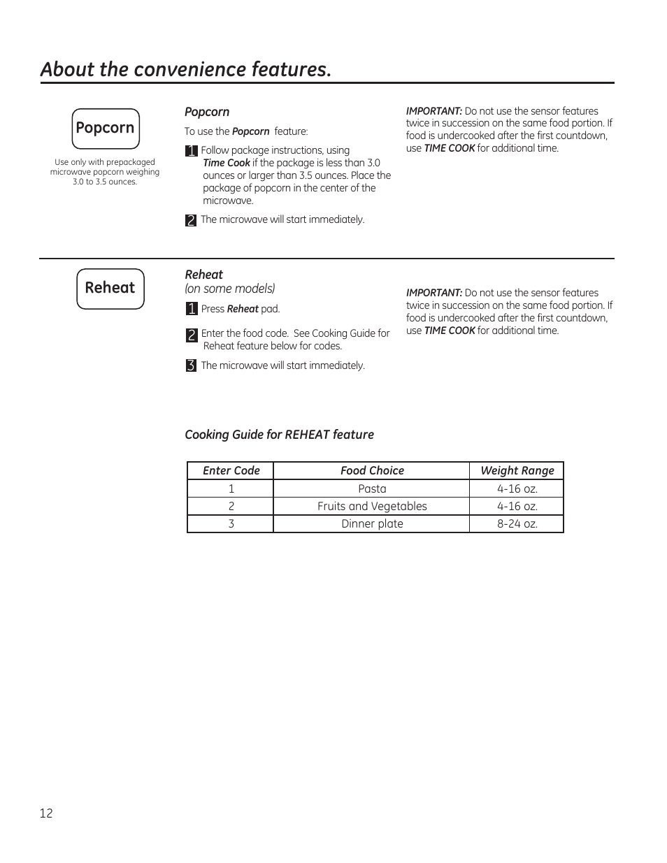 About the convenience features, Popcorn, Reheat | GE JES1656SRSS User Manual | Page 12 / 40