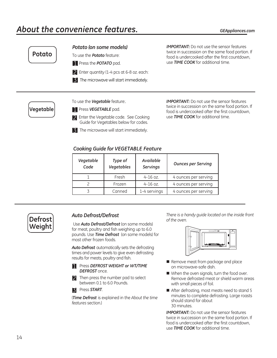 About the convenience features, Defrost weight, Potato | GE JES1656SRSS User Manual | Page 14 / 40